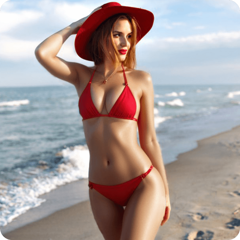 In a red bikini on the beach